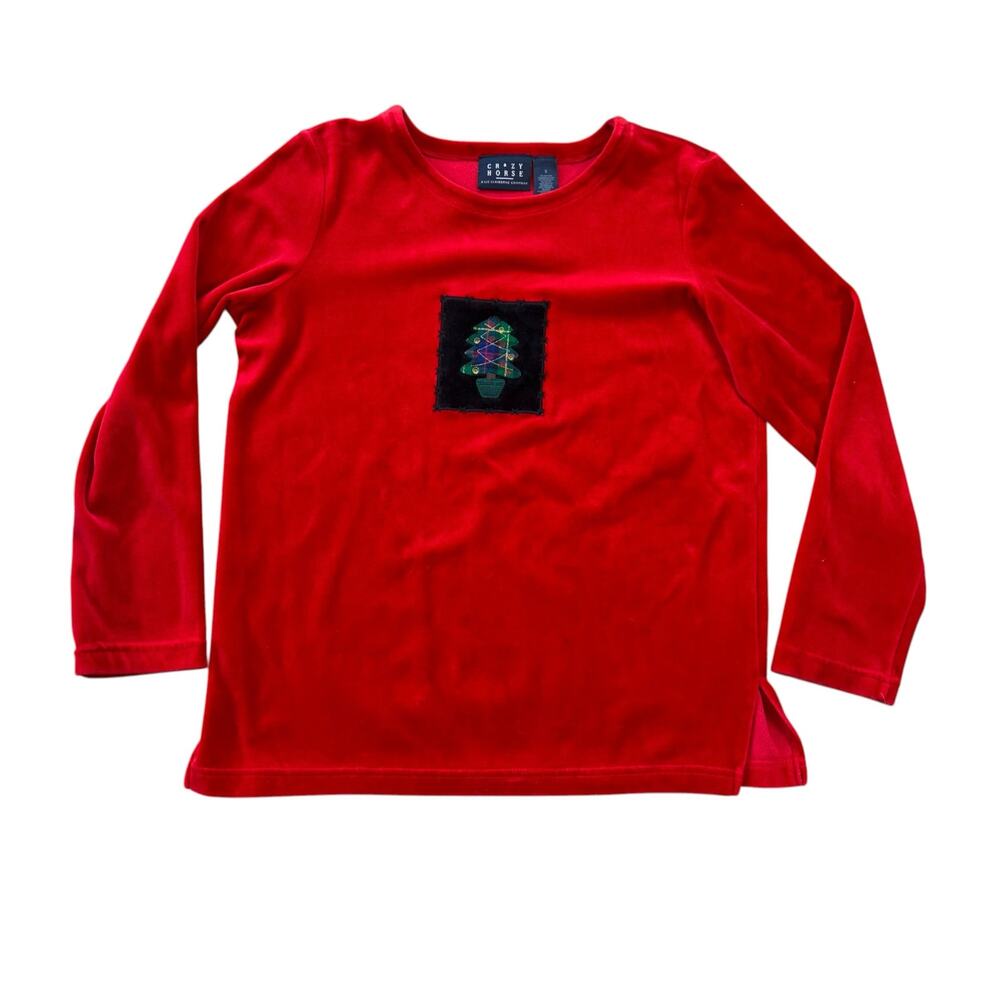 VTG Crazy Horse Red Velvet Christmas Tree Sweater Women’s S Holiday Ugly Sweater